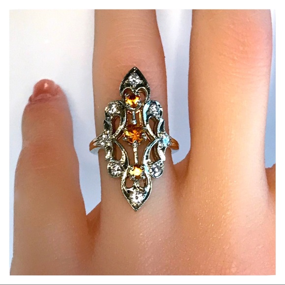 14KT GENUINE 1910’S EDWARDIAN HEAVY DIAMOND & CITRINE ANTIQUE NAVETTE RING - Picture 3 of 11